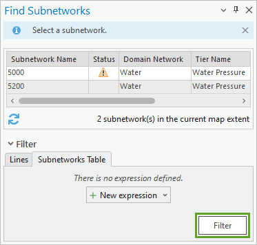 Bouton Filter (Filtrer) dans la fenêtre Find Subnetworks (Trouver des sous-réseaux)