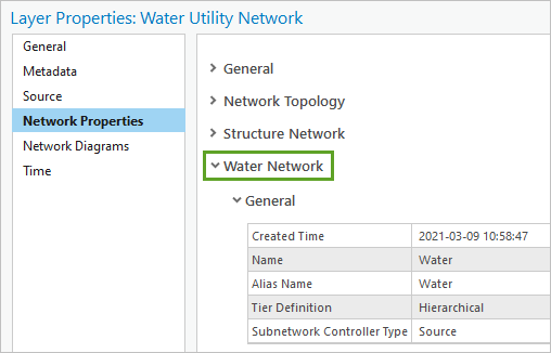 Section Water Network (Réseau de distribution d’eau) dans l’onglet Network Properties (Propriétés du réseau)