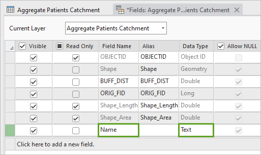 Paramètres Field Name (Nom de champ) et Data Type (Type de données) du nouveau champ