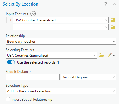 Paramètres pour sélectionner des comtés contigus à l’aide de l’outil Select By Location (Sélectionner selon l’emplacement)