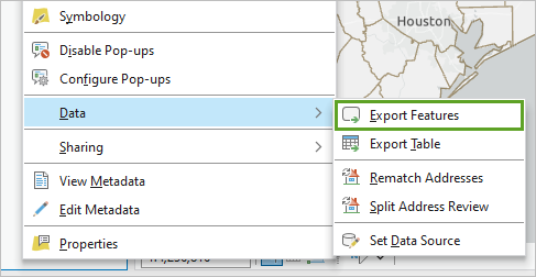 Option Export Features (Exporter les entités) dans le menu Data (Données)