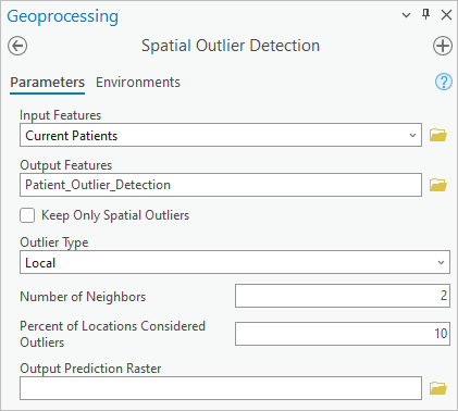 Paramètres de l’outil Spatial Outlier Detection (Détection de points spatiaux aberrants)