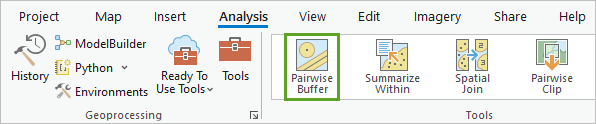 Bouton Pairwise Buffer (Zone tampon deux par deux) de l’onglet Analysis (Analyse)