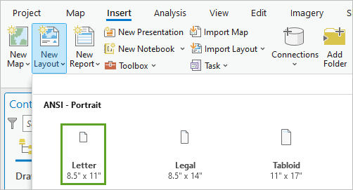 Option Letter (Lettre) dans le menu New Layout (Nouvelle mise en page)