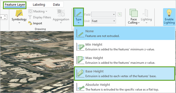 Option Base Height (Hauteur de base) sélectionnée dans le menu Extrusion Type (Type d’extrusion)