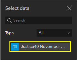 Carte Justice40 ajoutée à la fenêtre Select data (Sélectionner des données)