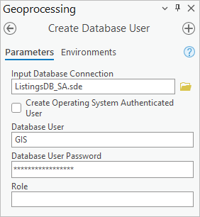 Paramètres Create Database User (Créer un utilisateur de base de données)