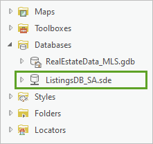 Connexion à la base de données ListingsDB_SA.sde répertoriée sous Databases (Bases de données)