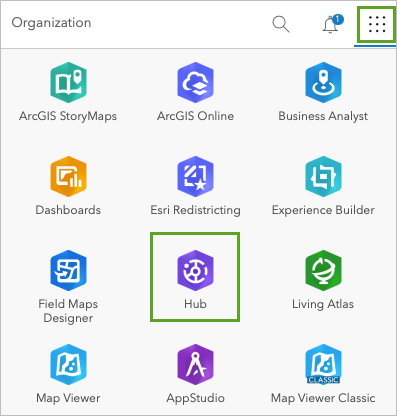 Bouton Hub dans la liste des applications