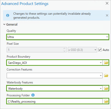 Fenêtre Advanced Product Settings (Paramètres avancés des produits)