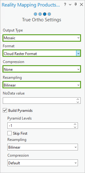 Paramètres de la page True Ortho Settings (Paramètres Ortho vraie)