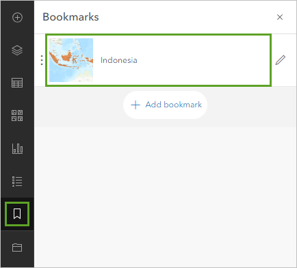 Géosignet Indonesia (Indonésie) dans la fenêtre Bookmarks (Géosignets)