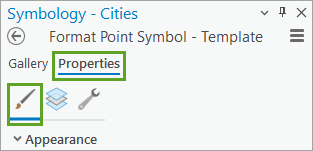 Onglets Properties (Propriétés) et Symbol (Symbole) de la fenêtre Symbology (Symbologie)