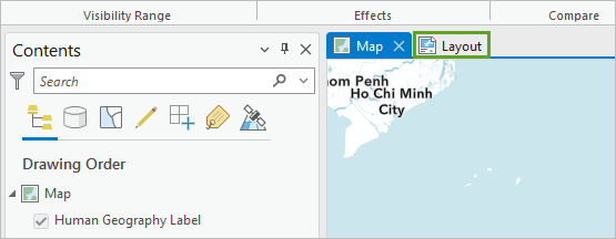 Onglet Layout (Mise en page) au-dessus de la vue cartographique