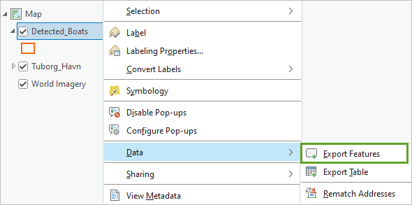 Option de menu Export Features (Exporter des entités)