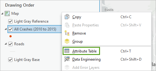 Option Table attributaire de la couche Tous les accidents [2010 à 2015]