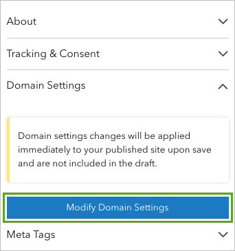 Bouton Modify Domain Settings (Modifier les paramètres de domaine)