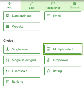 Question de type Multiple select (Sélection multiple)