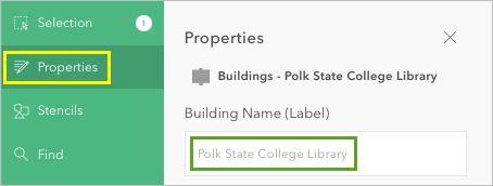 Polk State College Library indiqué pour Building Name (Label) ((Nom de bâtiment (Étiquette)) dans la fenêtre Properties (Propriétés)
