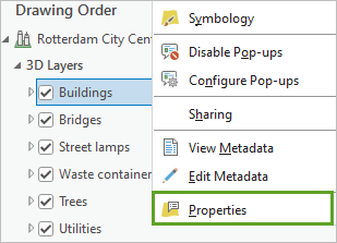 Option de menu Properties (Propriétés)