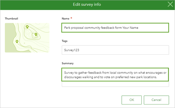 Paramètres renseignés dans la fenêtre Edit survey info (Mettre à jour les informations de l’enquête)