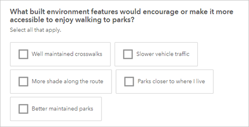 Question Multiple select (Sélection multiple) configurée dans l’enquête