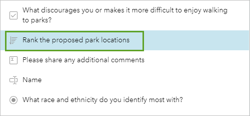 Question Rank the proposed park locations (Classer les localisations proposées pour l’implantation d’un parc)