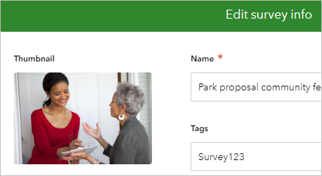 Image miniature ajoutée à la fenêtre Edit survey info (Mettre à jour les informations de l’enquête)