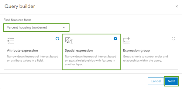 Pourcentage de la population pour laquelle le logement constitue une lourde charge et Spatial expression (Expression spatiale) sélectionnés dans la fenêtre Query builder (Générateur de requêtes)