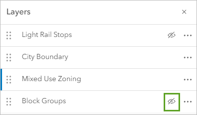 Bouton de visibilité de la couche Block Groups dans le volet Couches