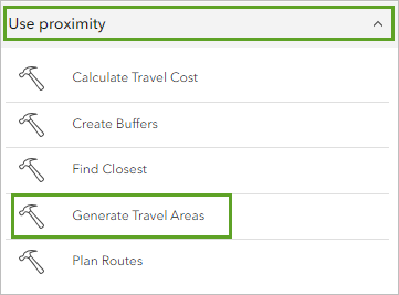 Outil Générer des zones de desserte dans la section Use proximity (Utiliser la proximité) du volet Tools (Outils)