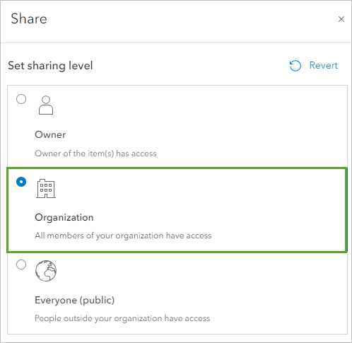 Organization (Organisation) défini dans la fenêtre Share (Partager)