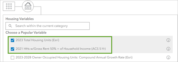 Variables Total des logements 2023 (Esri) et Ménages 2021 : loyer brut de + de 50 % du revenu des ménages (ACS 5 ans) dans la fenêtre Navigateur de données