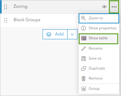 Afficher la table dans le menu de la couche Zoning