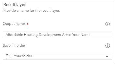 Nom en sortie renseigné dans la section Result Layer (Couche de résultat) dans le volet de l’outil Rechercher selon les attributs et la localisation