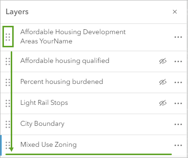 Couche Zones d’aménagement de logements abordables glissée sous la couche Zonage mixte