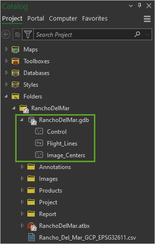 Géodatabase RanchoDelMar dans la fenêtre Catalogue