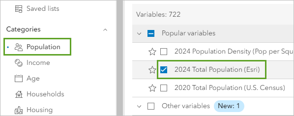 Variable 2024 Total Population (Esri) (Population totale 2024 [Esri])