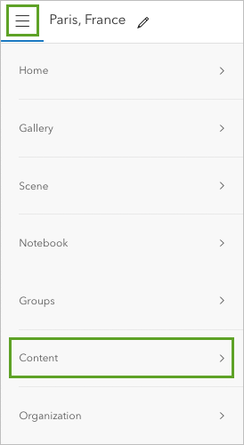 Bouton Contenu dans le menu de navigation de ArcGIS Online