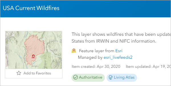 Page des éléments de la couche USA Current Wildfires (Incendies actuels aux États-Unis)