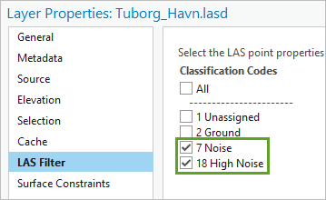 Low Noise et High Noise sélectionnées sous Classification Codes (Codes de classification) dans la fenêtre Layer Properties (Propriétés de la couche)