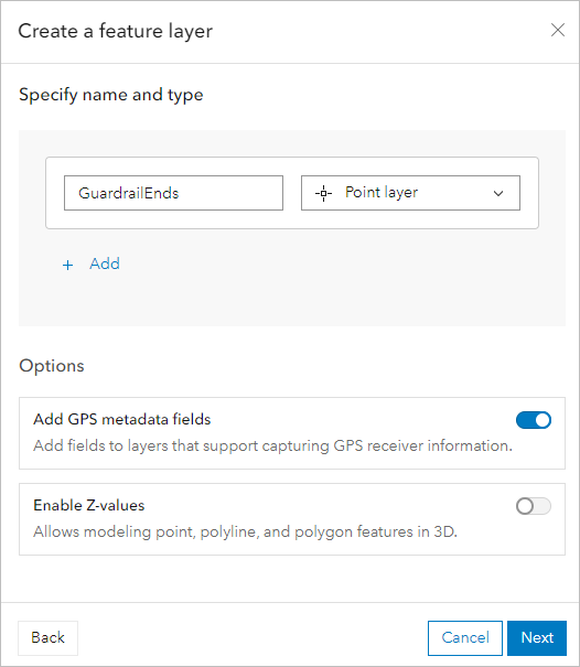 Nom de la couche et option Add GPS metadata fields (Ajouter des champs de métadonnées GPS)