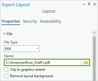 Propriété Name (Nom) et bouton Browse (Parcourir) dans la fenêtre Export Layout (Exporter la mise en page)