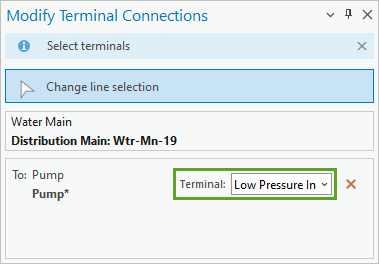 Borne de destination définie sur Low Pressure In (Entrée basse pression) dans la fenêtre Modify Terminal Connections (Modifier les connexions des bornes)