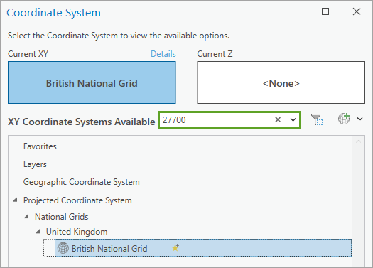 Barre de recherche de la fenêtre Coordinate System (Système de coordonnées)