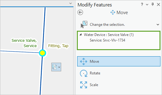 Vanne de service sélectionnée dans la fenêtre Modify Features (Modifier des entités)