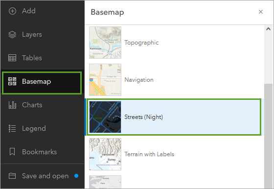 Streets (Night) (Rues (nuit)) dans le menu Basemap (Fond de carte)