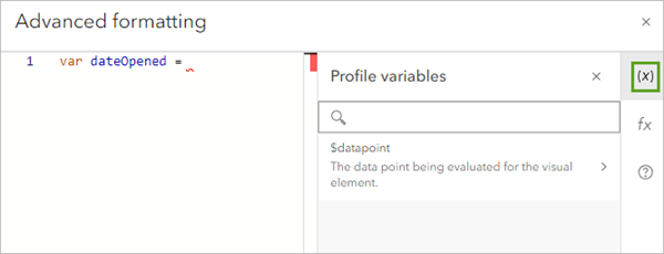 Onglet Profile variables (Variables de profil) de la fenêtre Advanced formatting (Mise en forme avancée)