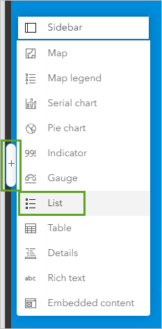 Liste dans le menu des options d’élément pour le bouton d’ajout de gauche de l’élément de carte