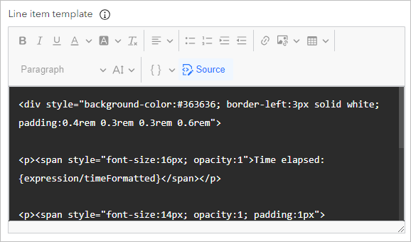 Code source saisi dans la zone de texte Line item template (Modèle d’élément de ligne).